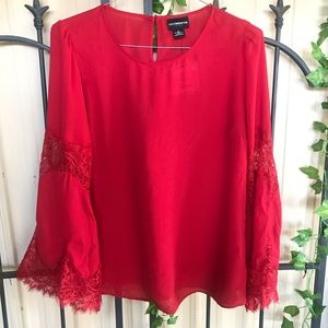 Liz Claiborne Blouse L Red Semi Sheer Bell Sleeves